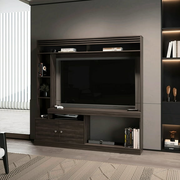 Richly Stained Walnut Entertainment Piece - Open & 2-door Storage, 6 Shelves For Living Spaces Furniture With Storage Designs Shelves, Room