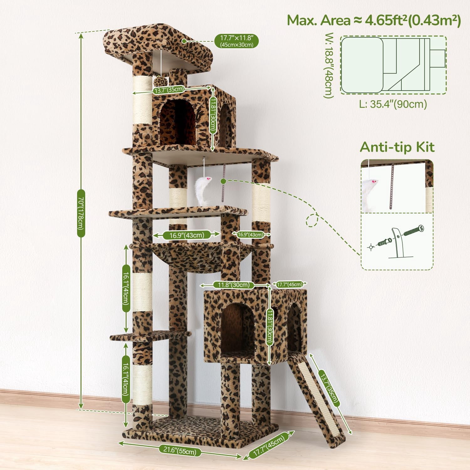F70 Pro Cat Tree - 70" Tall, Removable Perch, Sisal Scratching Posts, Light Grey Heavy Duty Cat Tower for Large Cats