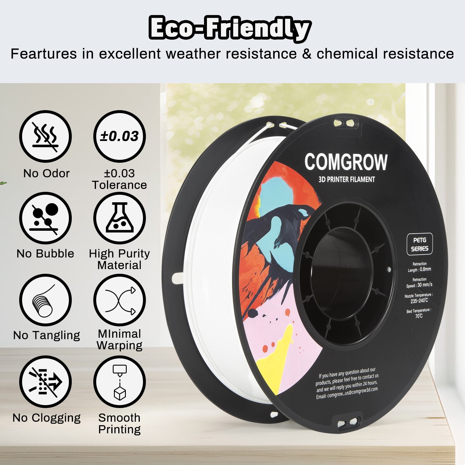 Comgrow PETG 3D Printer Filament-3D Printer Material 1.75mm Dimensional Accuracy +/- 0.02 mm, 1KG/2.2LB-White*2