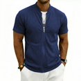 thumbnail image 2 of Mens Zip Up Short Sleeve Shirt Stand Collar Textured Waffle Pattern Summer Breathable Sporty Tops Side Pockets Navy XL, 2 of 4