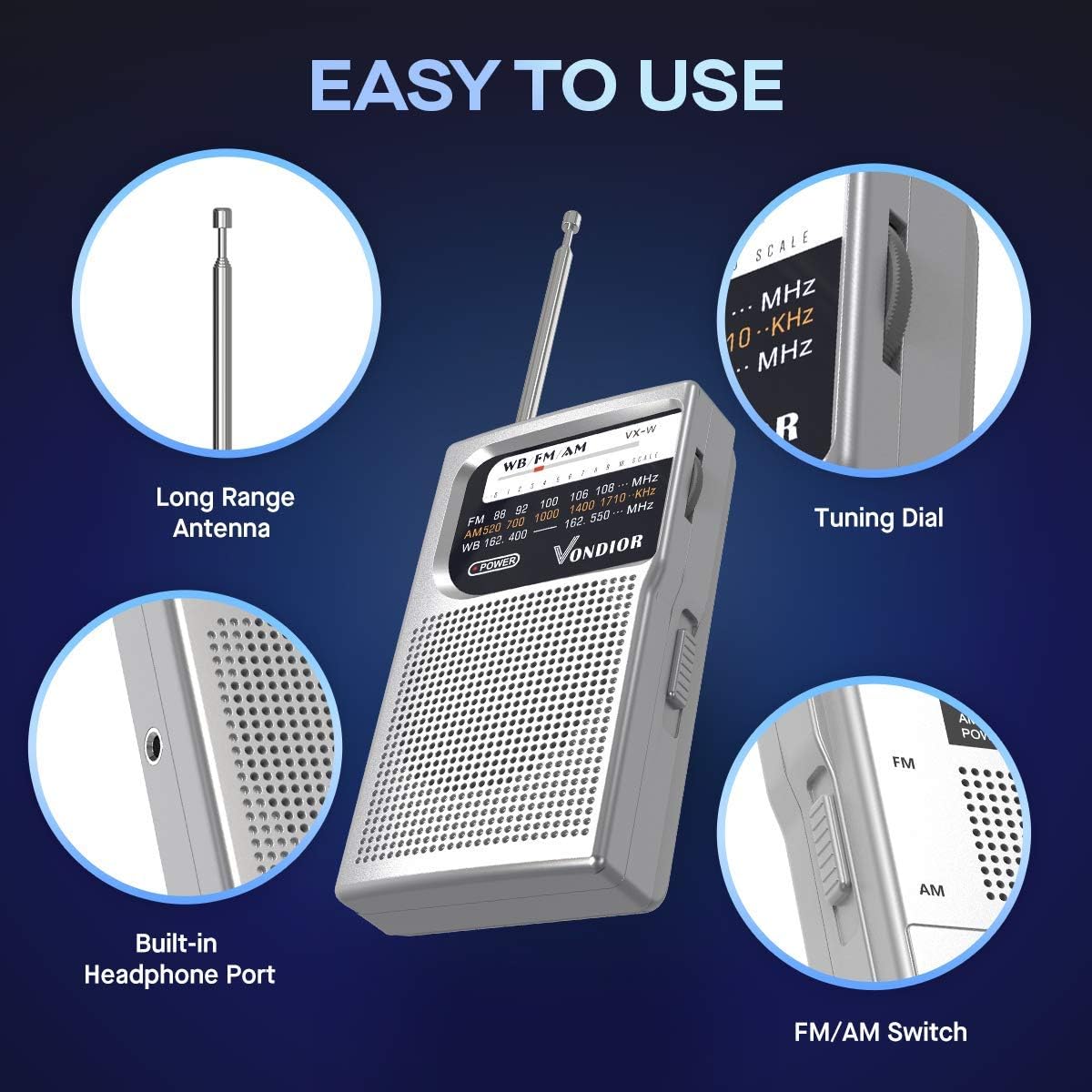 Vondior Portable Emergency Weather Radio NOAA AM FM, Silver photo 3