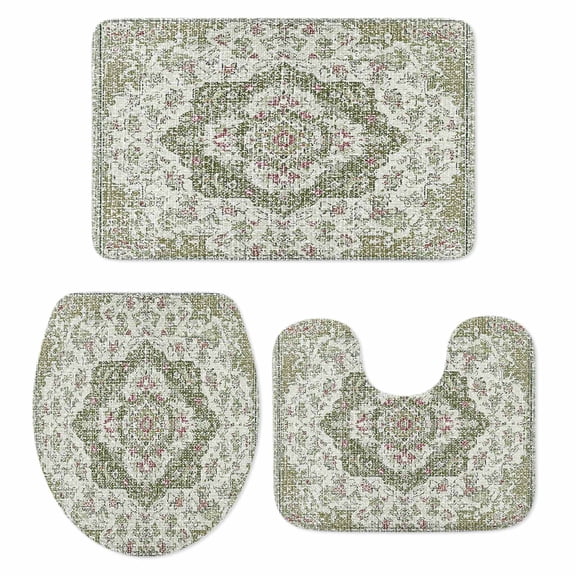 Bohemian Bathroom Rugs Set Vintage Distressed Green Ethnic Geometric Floral Non Slip Absorbent Soft Bath Mats 3 Piece Set with Bathroom Rug, U-Shaped Floor Mat, Toilet Seat Cover Large Size