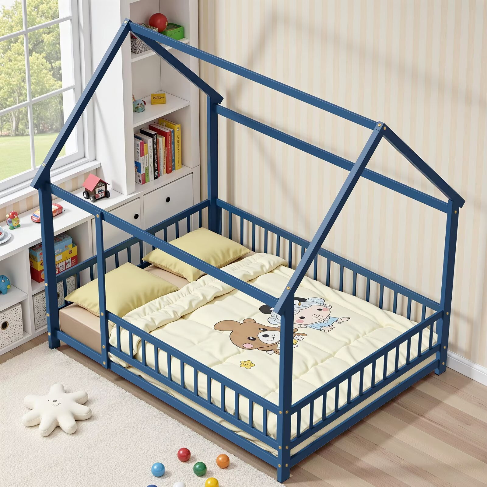 Full Size Montessori Floor Bed Frame Fence, Wooden House Bed for Boys Girls Bedroom, Mist Blue (without Slats)