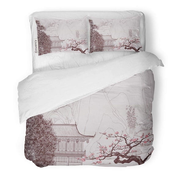 FMSHPON 3 Piece Bedding Set Pink of Landscape in The Old Painting Blossom Cherry Twin Size Duvet Cover with 2 Pillowcase for Home Bedding Room Decoration