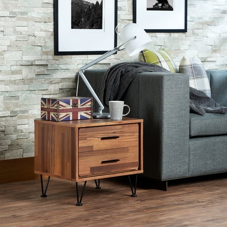 Rectangular Walnut Finish Table With 2 Sliding Drawer And Metal Legs 2 Night In