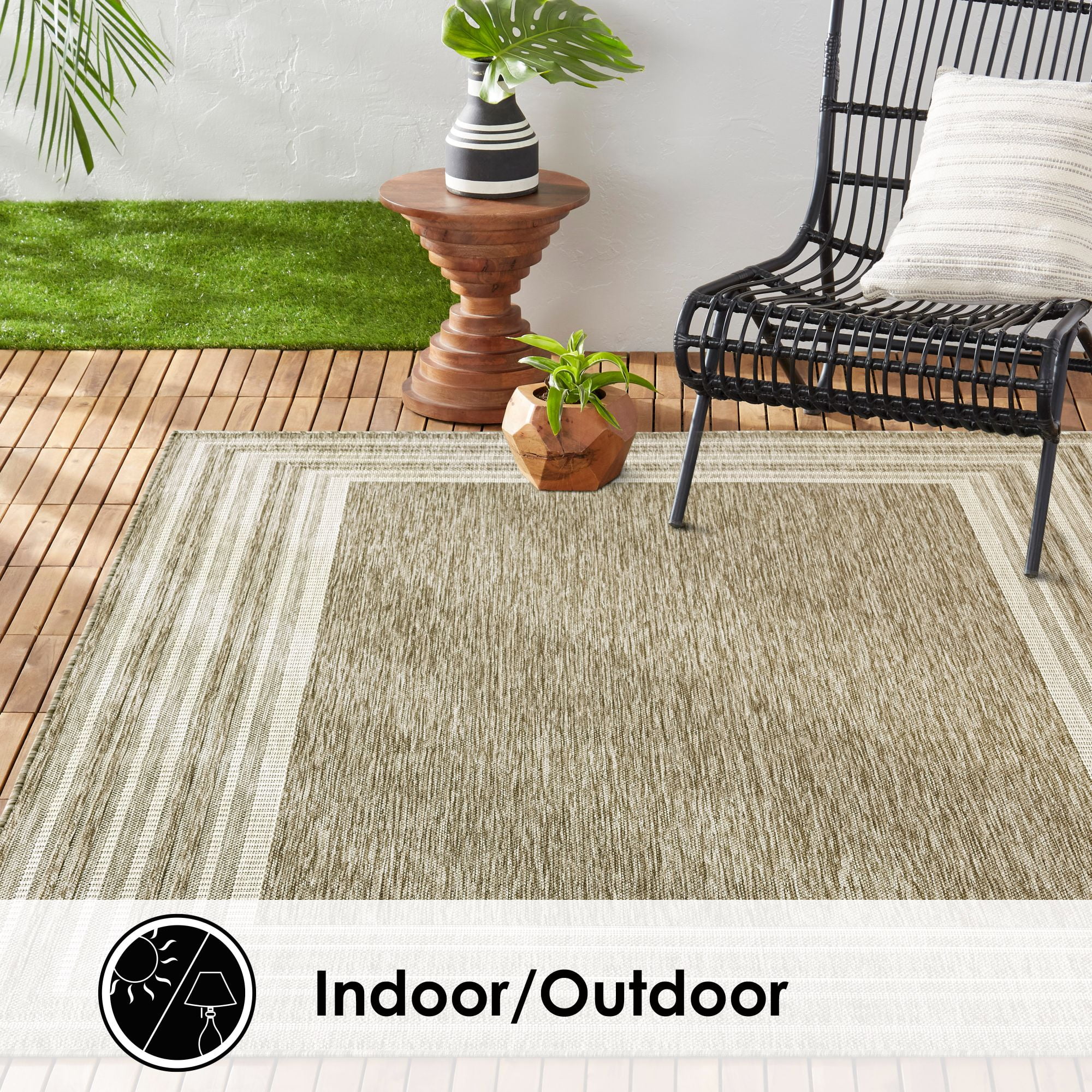 Nicole Miller New York Patio Country Layla Modern Border Indoor/Outdoor Area Rug, Taupe/Ivory , 7'9"x10'2"