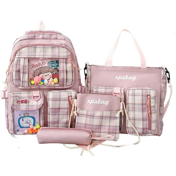 Kawaii Aesthetic Cute 4pcs School Bags Set with Accessories School Suppliers for Teens Girls Backpack Tote Bag (Pink)…
