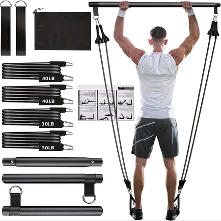 Lakwi 8pcs Pilates Bar Kit with 4 resistance bands (140 lbs). Includes ankle straps & drawstring backpack. Portable home gym for men/women.