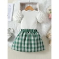thumbnail image 3 of Bagilaanoe 2Pcs Toddler Baby Girls Summer Clothes Ribbed Bubble Short Sleeve Tops + Pleated A-Line Skirt 18M 24M 3T 4T 5T 6T Kids Casual Skirt Set, 3 of 9