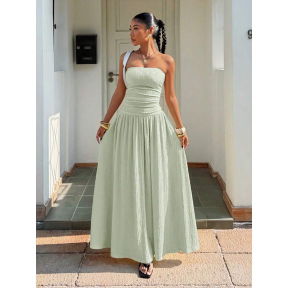 Mint Green Strapless Smocked Waist Ribbed Maxi Dress With Flowy Pleated Skirt Elegant Formal Party Gown