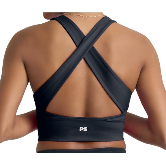 POPSUGAR Long Line Sports Bra Women, Workout Crop Tops for Women Longline Criss Cross Gym Yoga Tops with Built in Bra for Running Pilates Black Night, XLarge