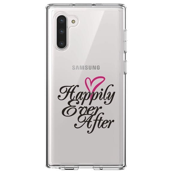 DistinctInk Clear Shockproof Hybrid Case for Samsung Galaxy Note 10 (6.3" Screen) - TPU Bumper Acrylic Back Tempered Glass Screen Protector - Happily Ever After Heart