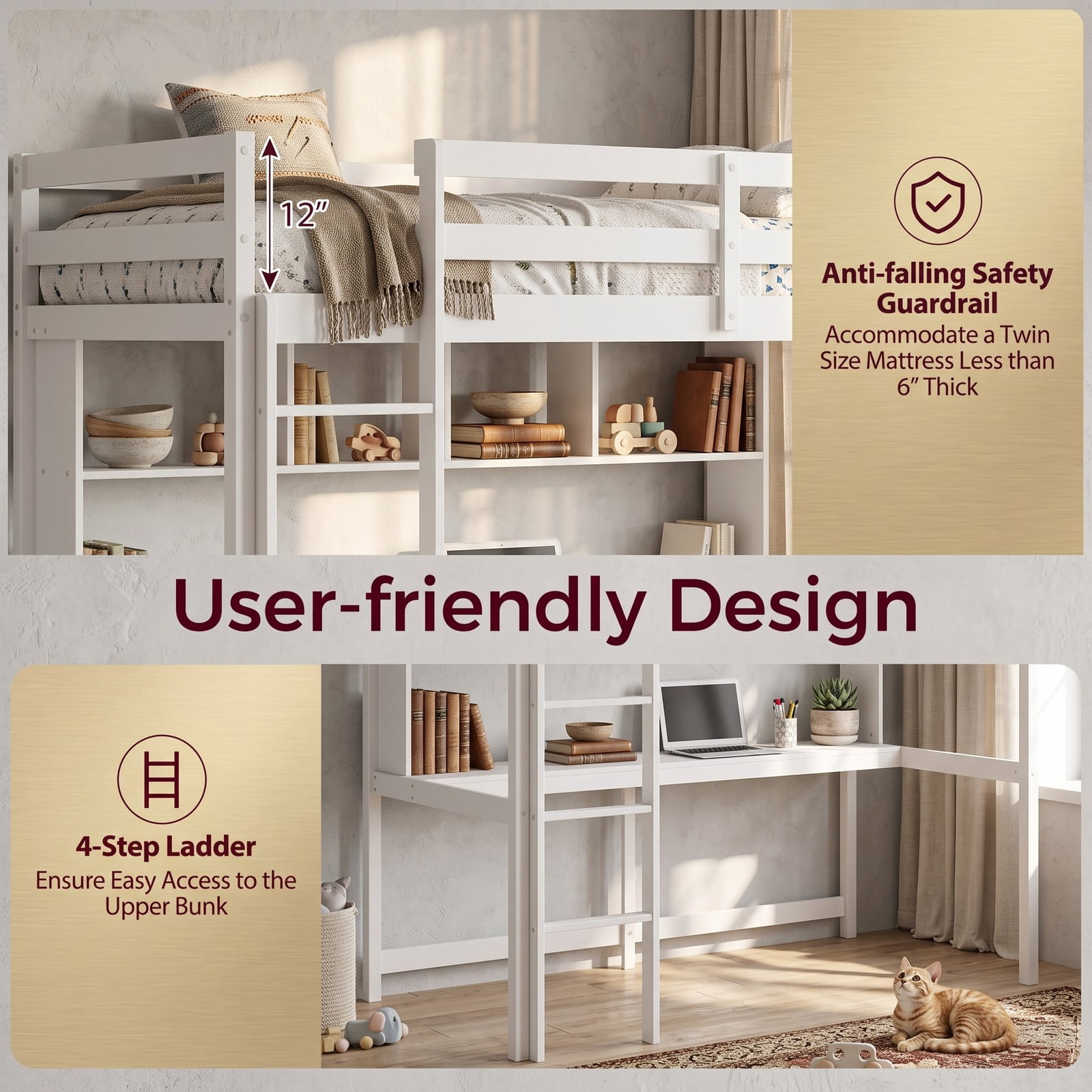Furnibear Twin Size Loft Bed with Desk and Shelves for Home Dorm Apartment, Space-Saving Wood High Loft Bed with Ladder, No Box Spring Needed, White