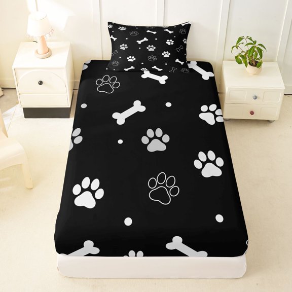 Manfei Minimalist Paw Twin Fitted Sheet, Dog Bone Silhouette Bedding, Black White, 2 Pieces, 1 Fitted Sheet and 1 Pillowcase
