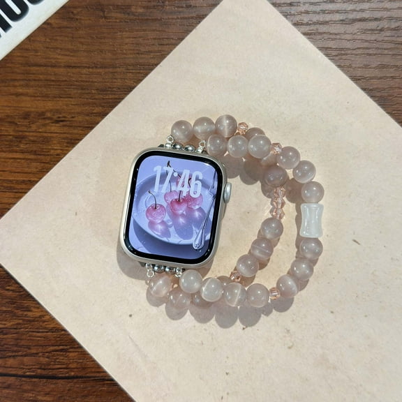 Sleektime Elegant Agate Bead Bracelet Watch Strap for Apple Watch 42mm 44mm 45mm 46mm 49mm – Elastic Stretch Waterproof & Breathable Band for Women, Stylish and Comfortable,Pink