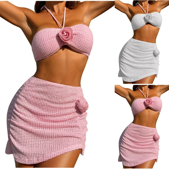 UTSJKR Women's Three Piece Swimsuit Two Piece Bikini Set with Bottom Cover 3D Floral Appliques Halter Neck Strap Bikini Set Sexy Bathing Swimsuits Pink M
