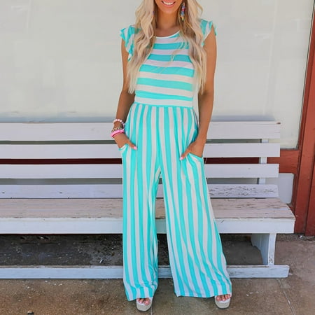 

business casual daily trousers Blue Women Diamond Striped Print Jumpsuit Pajamas Casual Wide Leg Pants