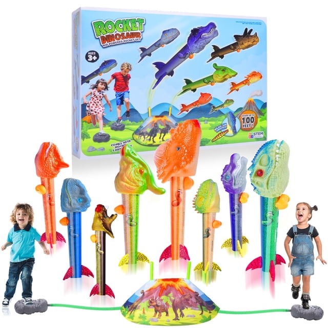 El lanzacohetes Gizzjoy Dinosaur para niños lanza 30 m con 8 cohetes