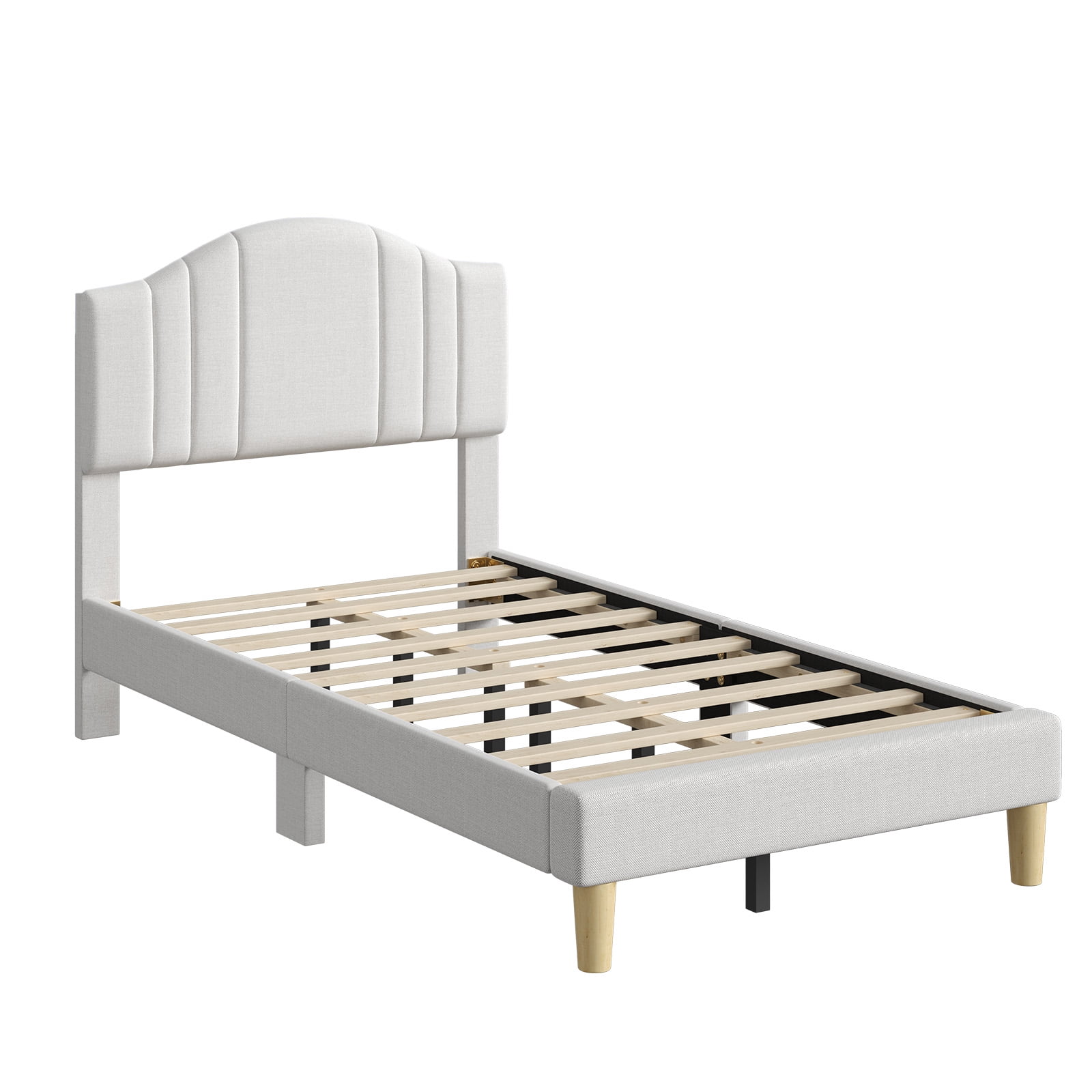 Pinmoco Twin Upholstered Bed Frame with Adjustable Arc-shaped Headboard, LED Platform Bed, Fabric Beige