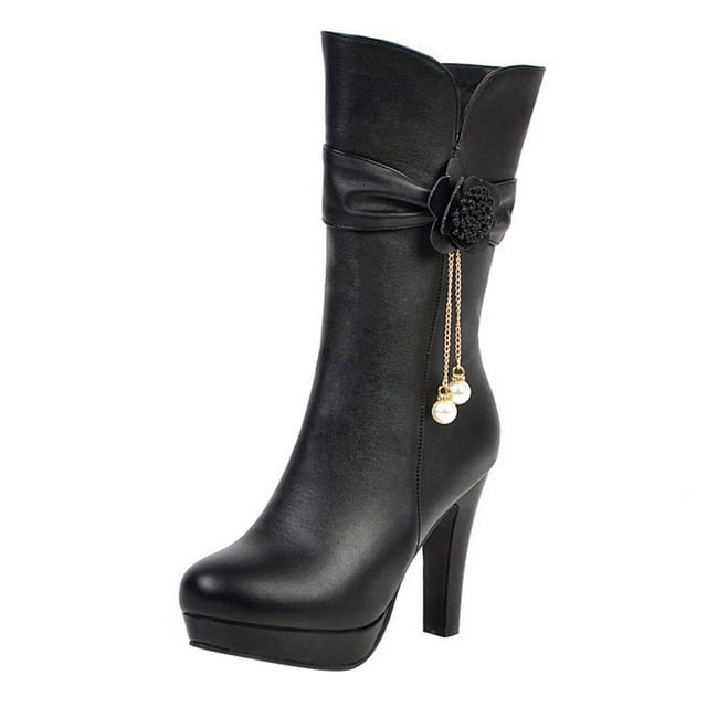 jovati Bottes pour Femmes à Plateforme Imperméables à Talons Hauts à Fleurs à Franges pour l'Automne et l'Hiver