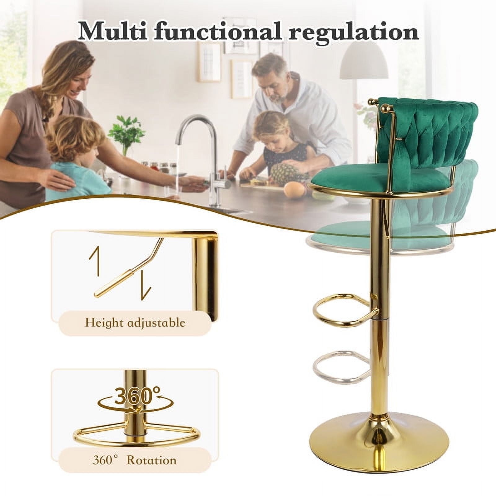 Hawsaiy Modern Velvet Bar Stool Set of 2 with Woven Back and Footrest for Kitchen, Bar, and Dining Spaces,Green