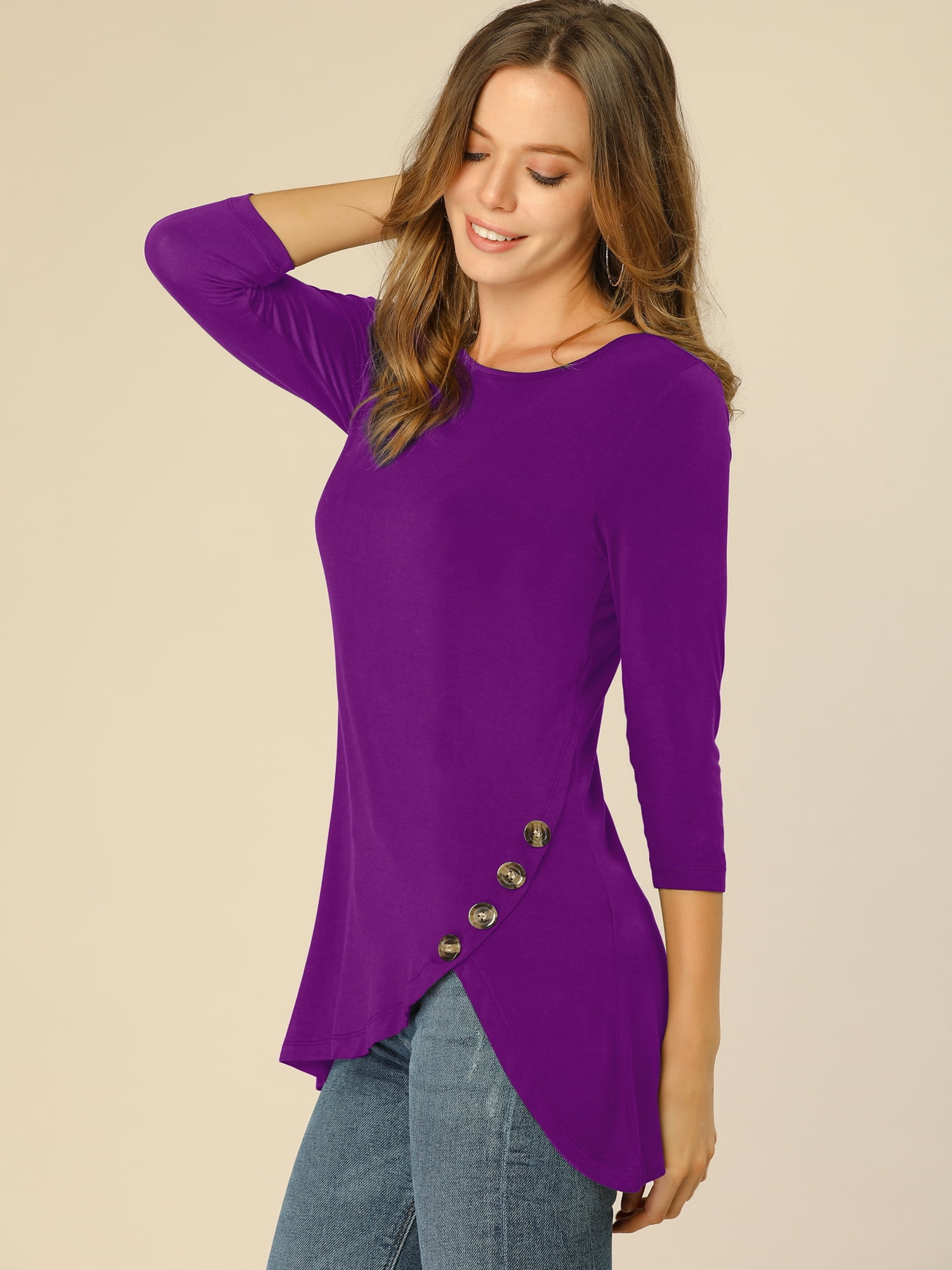 DARING DIVA Women's Casual Stretchy Tunic Asymmetric Hem Top S Purple