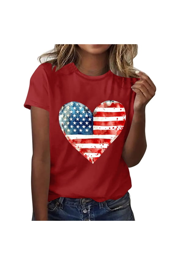 Womens 4th of July Shirts Plus Size Patriotic USA Flag Pattern T shirts Elegant Short Sleeve Tees Flowy Round Neck Blouses Tops Red M