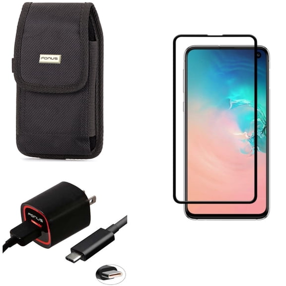 Galaxy S10e Home Charger w Screen Protector w Case Belt Clip - 2.4A USB Cable TYPE-C, Tempered Glass 5D Curved Edge, Swivel Holster Rugged for Samsung Galaxy S10e Phone