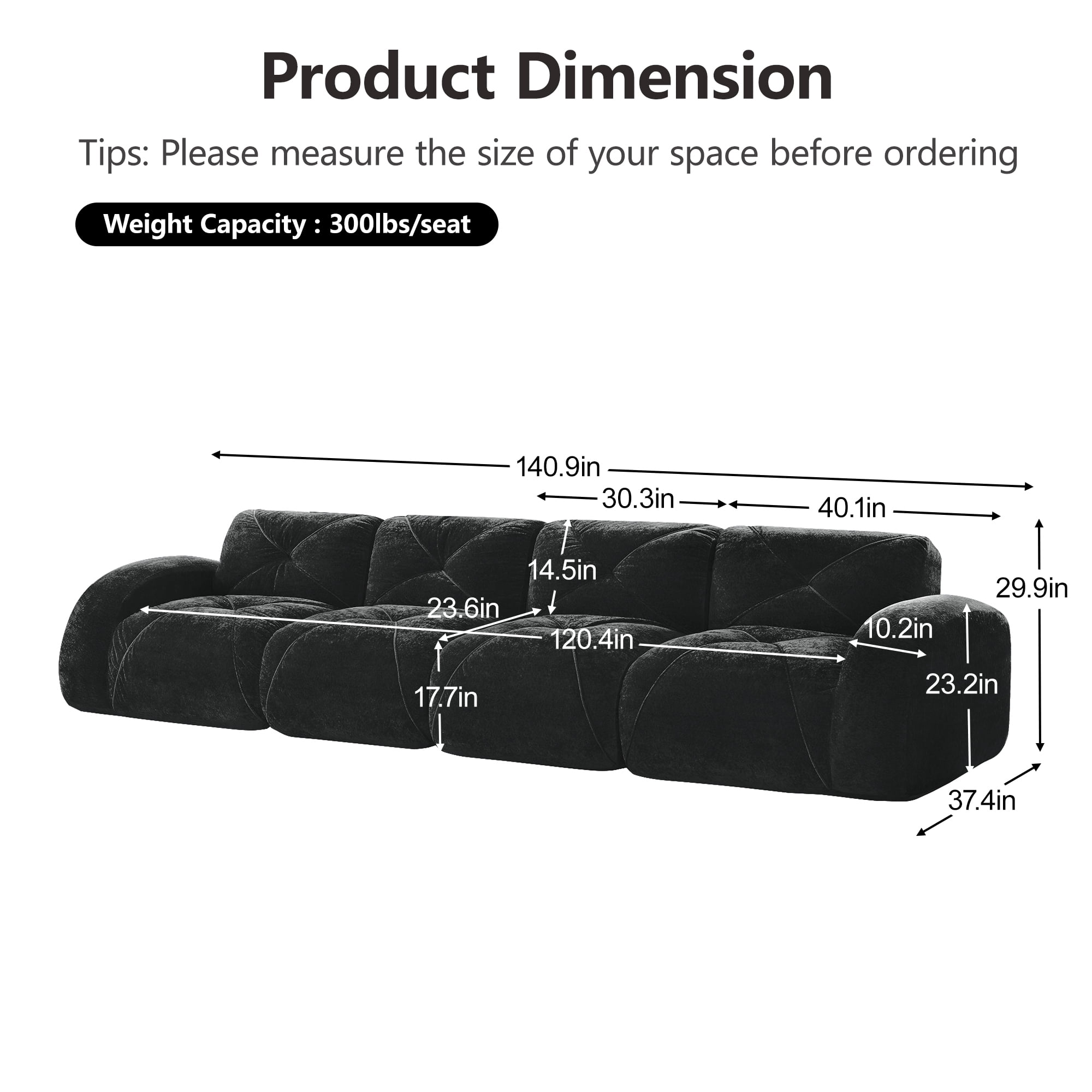 AISWORD 140" 4-Seat Extra-Wide Modular Cloud Sectional Sofa, Ultra-Soft Boneless Sectional with 32D High-Density Foam & Anti-Slip Bottom, No Assembly Required