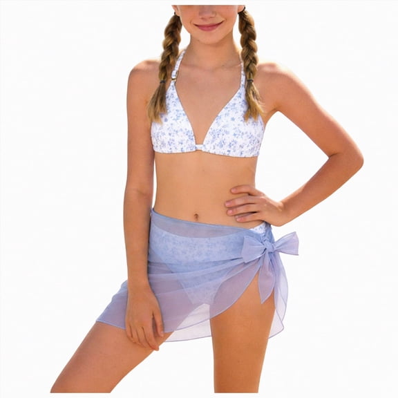 Linfrsh Girls Swim Suit Shoulder Strap Three Piece Bikini Set Cup Cute Beach Swimsuit for Girls Pool Swimwear Bathing Suit(Sky Blue,9-10 Years)