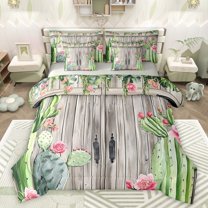 Castle Fairy Teens Floral Green Cactus Bedding Comforter Set 7-Piece,Old Barn Door King Bedding Sets,Botanical Plants Ultra Soft Bed Sheets,Microfiber Bedroom Decor,Reversible
