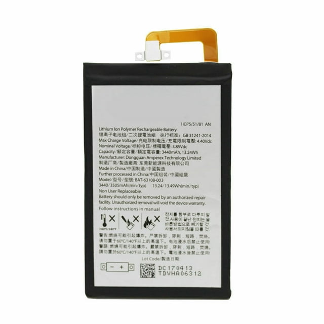 Replacement Battery with Tools for Blackberry Keyone / DTek70, BAT-63108-003. The battery features a 3440mAh capacity and 3.85V voltage, compatible with Blackberry Keyone and DK70 devices. The image displays a black lithium-ion battery with a white label listing specifications and an orange connector tab at the top. It includes tools for easy installation.
