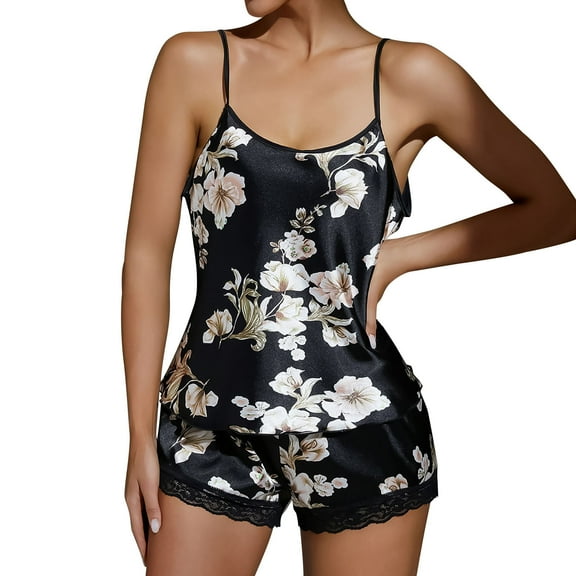 Tnhcen Women's Fashion Floral Print Tank Top & Shorts Sleepwear Set - Thin Strap Sleeveless Summer Pajama for S to L