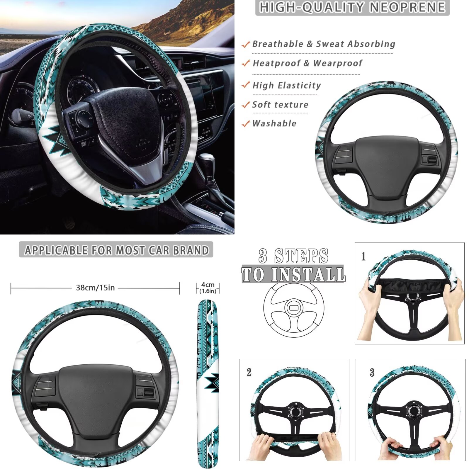 Garronmavis Aztec Geometry Car Seat Cover Full Set Car Accessories for Front Rear Seat Steering Wheel Cover Gear Shift Cover Handbrake Cover Headrest Cover Cup Coasters for Sedan SUV Truck