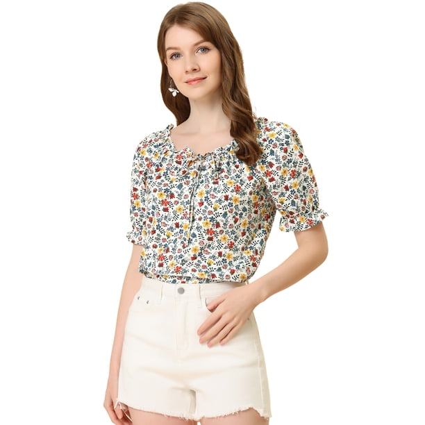 Allegra K Tops florales con volantes retro y manga raglán con cuello en forma de corazón para mujer blanco L