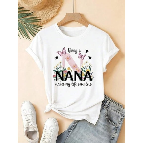 Nana Life Women's Graphic T-Shirt, Being A Nana Butterfly Flower Shirt, Mother's Day Gift Tee for Grandmas