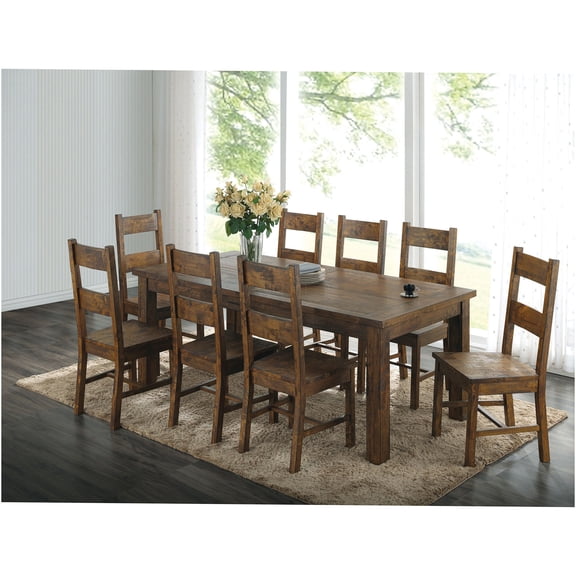 JERFIT 9-Piece Rustic Farmhouse Dining Set with Table & 8 Ladderback Chairs, Golden Brown Wood Kitchen Room Furniture