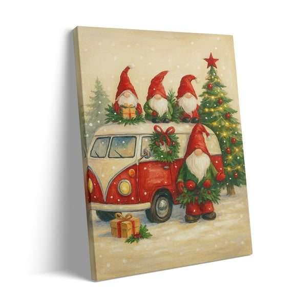 P&L Art Christmas Gnomes with Retro Van Canvas Wall Art, Festive Holiday Decor with Red & Green Gnomes, Framed Canvas Print