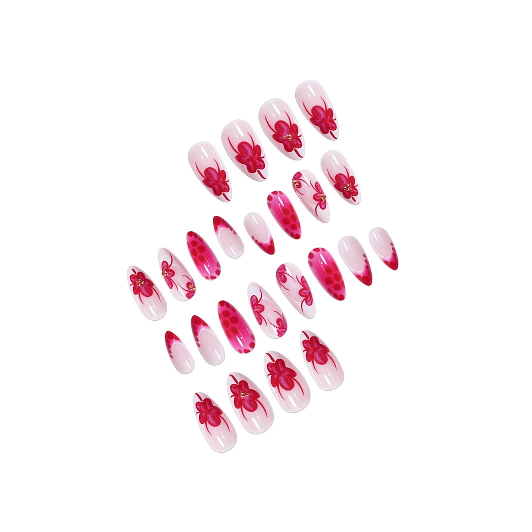 Cross-border hot sale almond fake nails fashion spice girl red flower broken diamond embellishment wearing nail piece finished product wholesale
