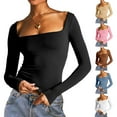 thumbnail image 4 of Gupgi Women Slim Fit Tops Solid Color Square Neck Long Sleeve Crop Top Tight Tee Shirts, 4 of 4