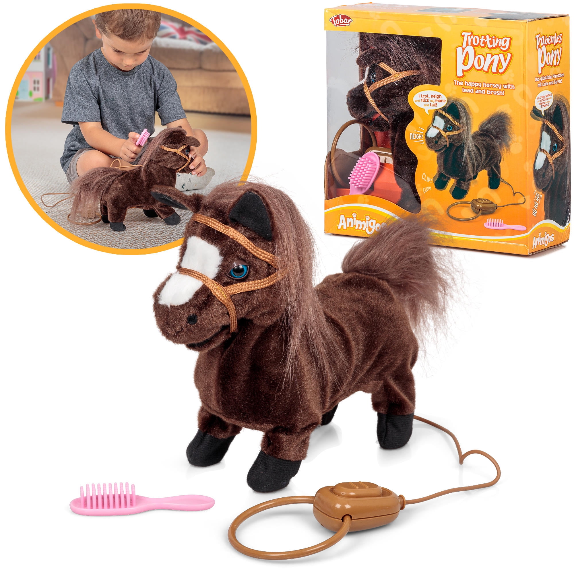 Tobar: Animigos Trotting Pony - Brown - Cuddly Animated Plush Pet, Trots-Neighs-Flicks Its Tail, Brush & Lead, Fun Interactive Toy, Toddlers-Kid 18Mo+