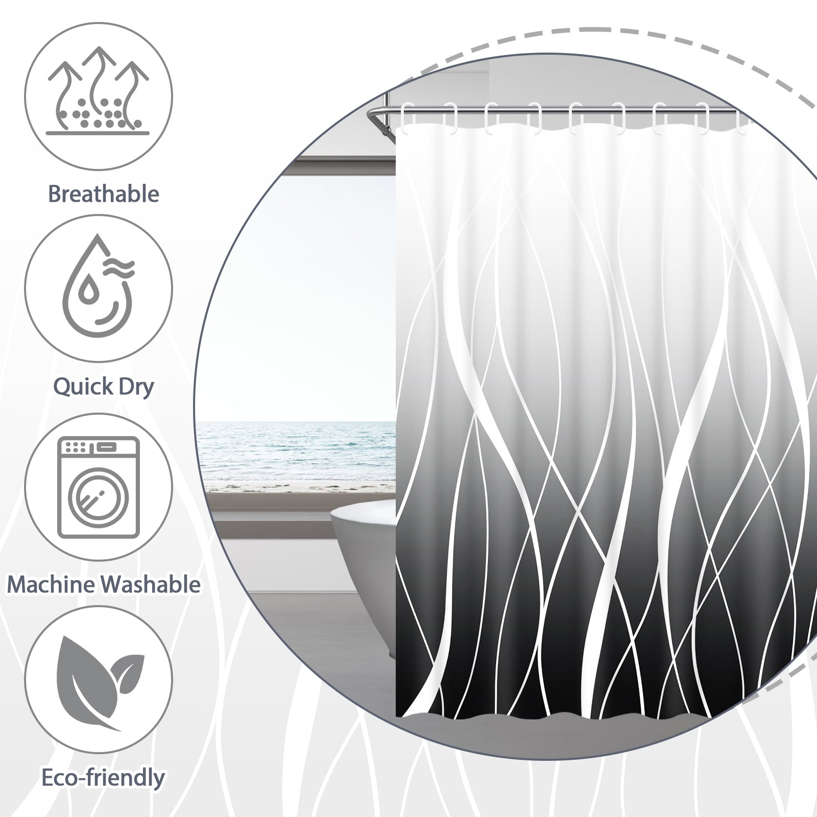 FRAMICS 15-Piece Ombre Black Shower Curtain Sets with Rugs, Waterproof Fabric Striped Gradient Bathroom Sets, 72" x 72"