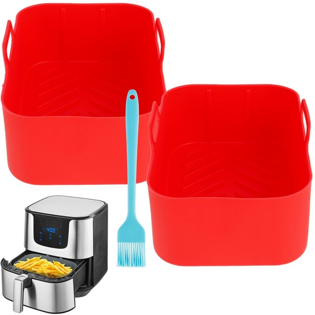 PENGXIANG 2 Pcs Pot en Silicone pour Friteuse à Air Chaud Compatible avec les Friteuses à Air à Double Panier Ninja, Doublure Réutilisable pour Friteuse à Air avec Poignée, Pinceau à Huile, Tapis de Cuisson en Silicone pour Friteuse à Air