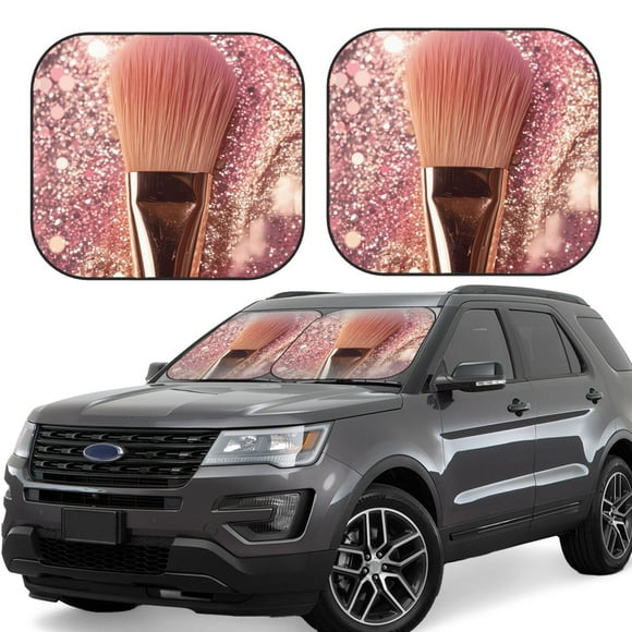 Fotbe Makeup Brush on Pink Glitter Juego de 2 Piezas de Parasoles para Parabrisas | Bloqueador Solar para Auto | Accesorios Plegables para Protección Solar Interior-Small