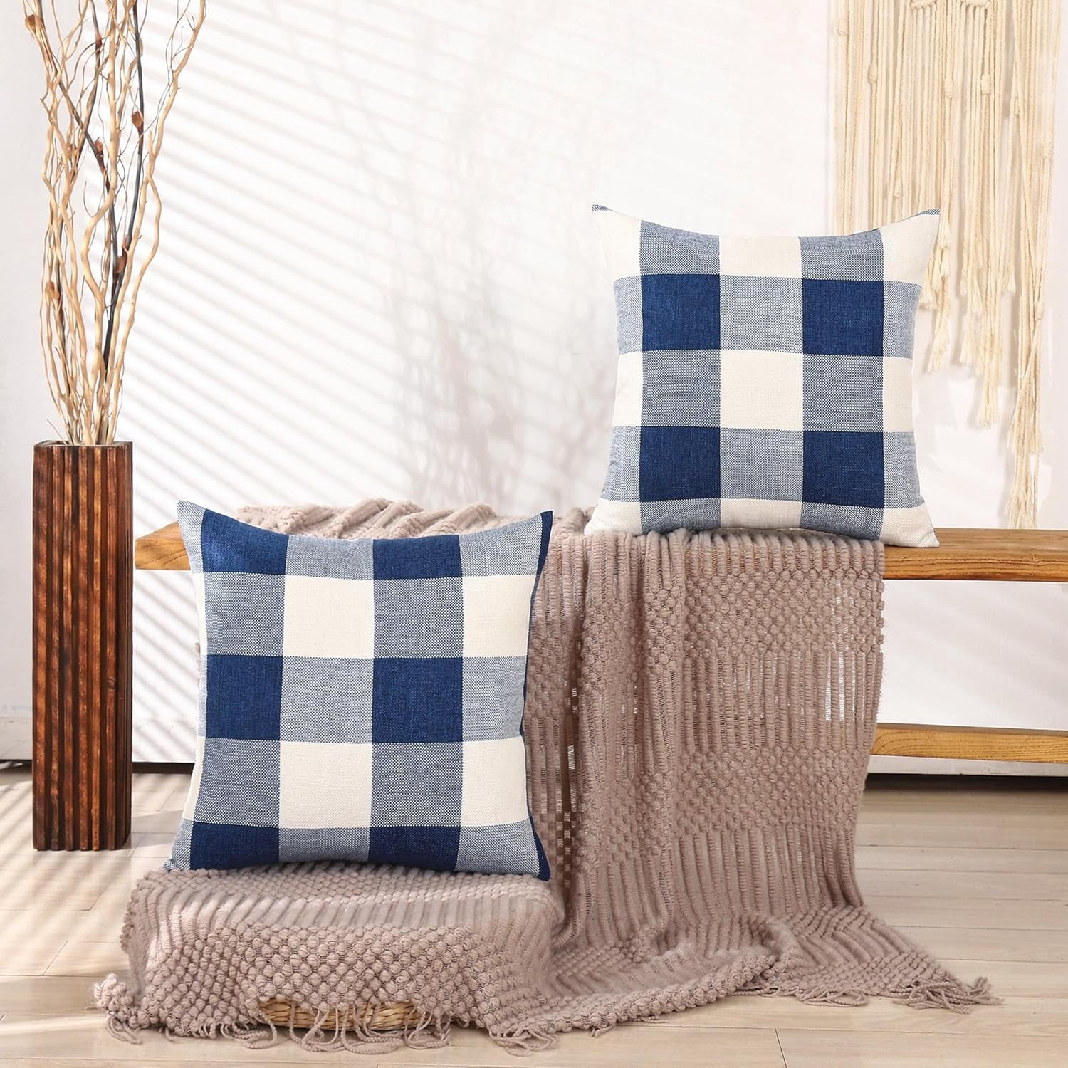 Navy Blue and White 20x20 Outdoor Throw Pillow Covers Set of 2 Buffalo Plaid Farmhouse Pillow Covers 20 x 20 Inches, Boho Plaid Decor for Outdoor Patio and Yard
