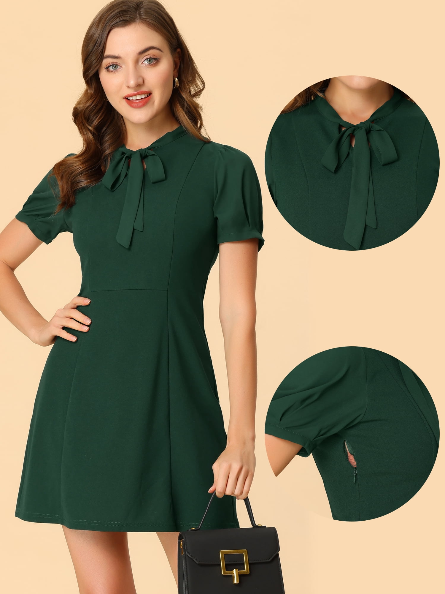 Unique Bargains Women's Bow Tie Keyhole Neck Puff Sleeve Elegant Dress Dark Green XL