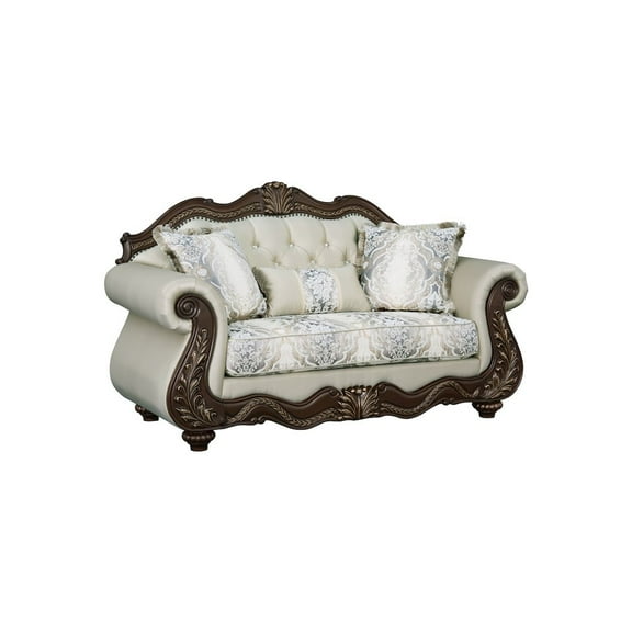 ACME Pierce Fabric Upholstered Armrest Loveseat with 3 Pillows in Beige & Cherry