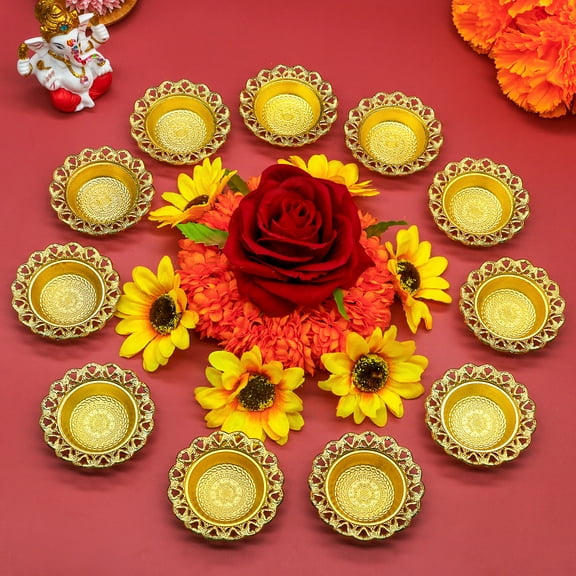 Golden Metal Diwali Diya Set - 12PCS Reusable Deya Oil Lamps for Diwali Gifts Indian Wedding Housewarming Pooja Decor Home Temple Mandir Altar Puja Item India Urli Bowl Diyas for Hindu Religion