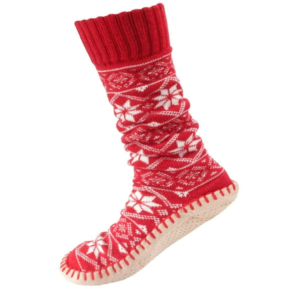 BambooMN Men's Knit Winter Gripper Slipper Socks - Nordic Red - S/M - 1 Pair