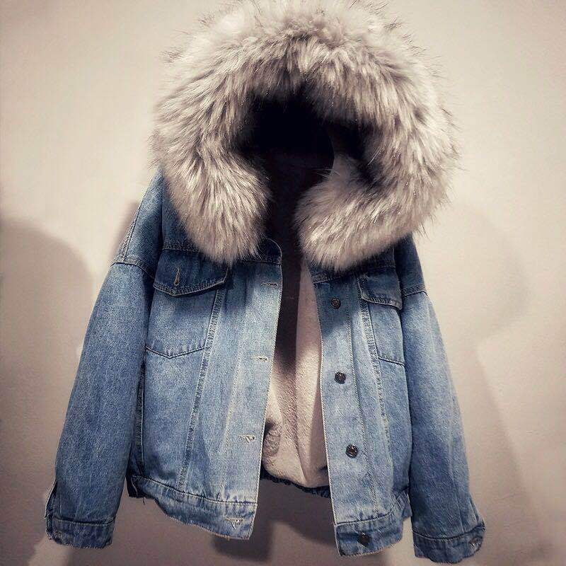 denim fur jacket with hood